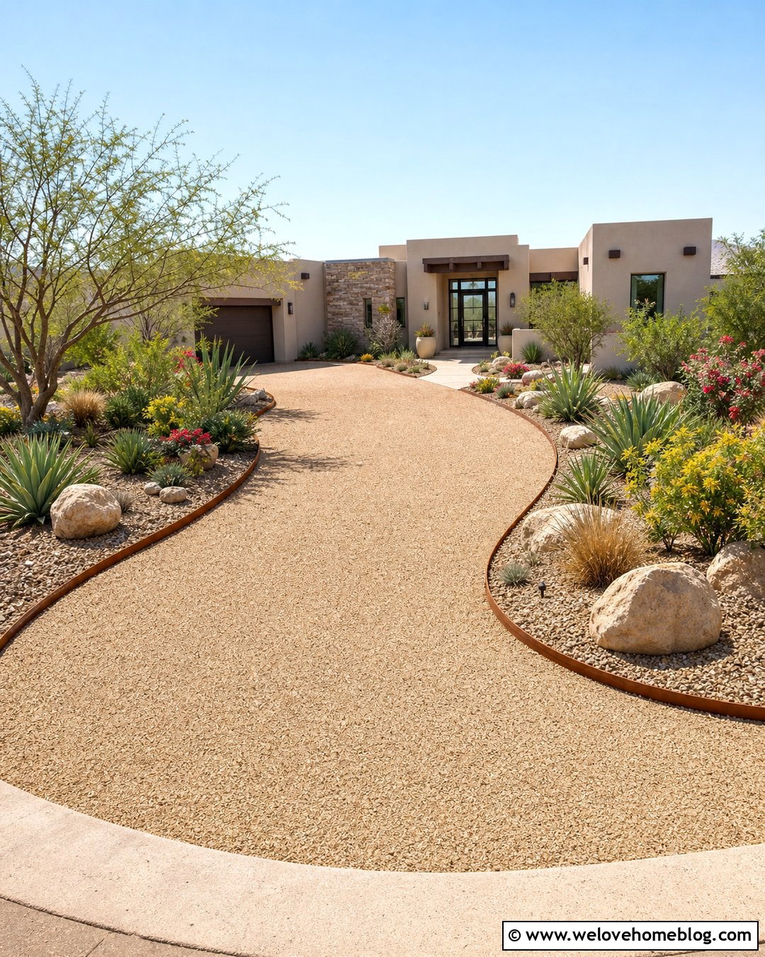 Pea Gravel Driveway With Drought Tolerant Beds - 40 Front Driveway Landscaping Ideas