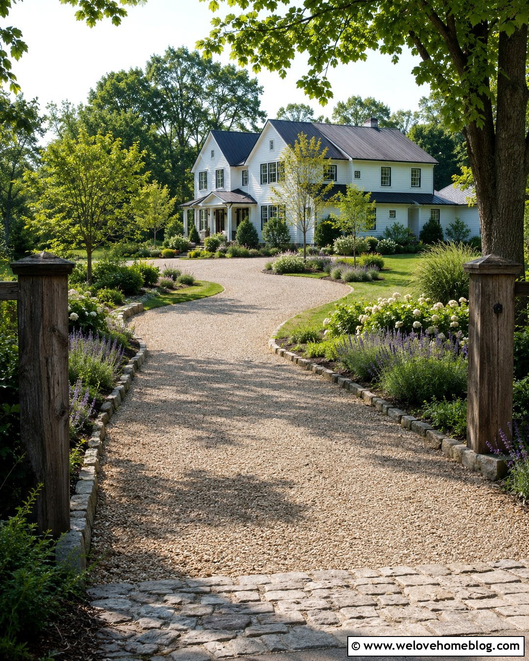 Pea Gravel Driveway With Farmhouse Landscaping - 20 Outdoor Driveway Ideas