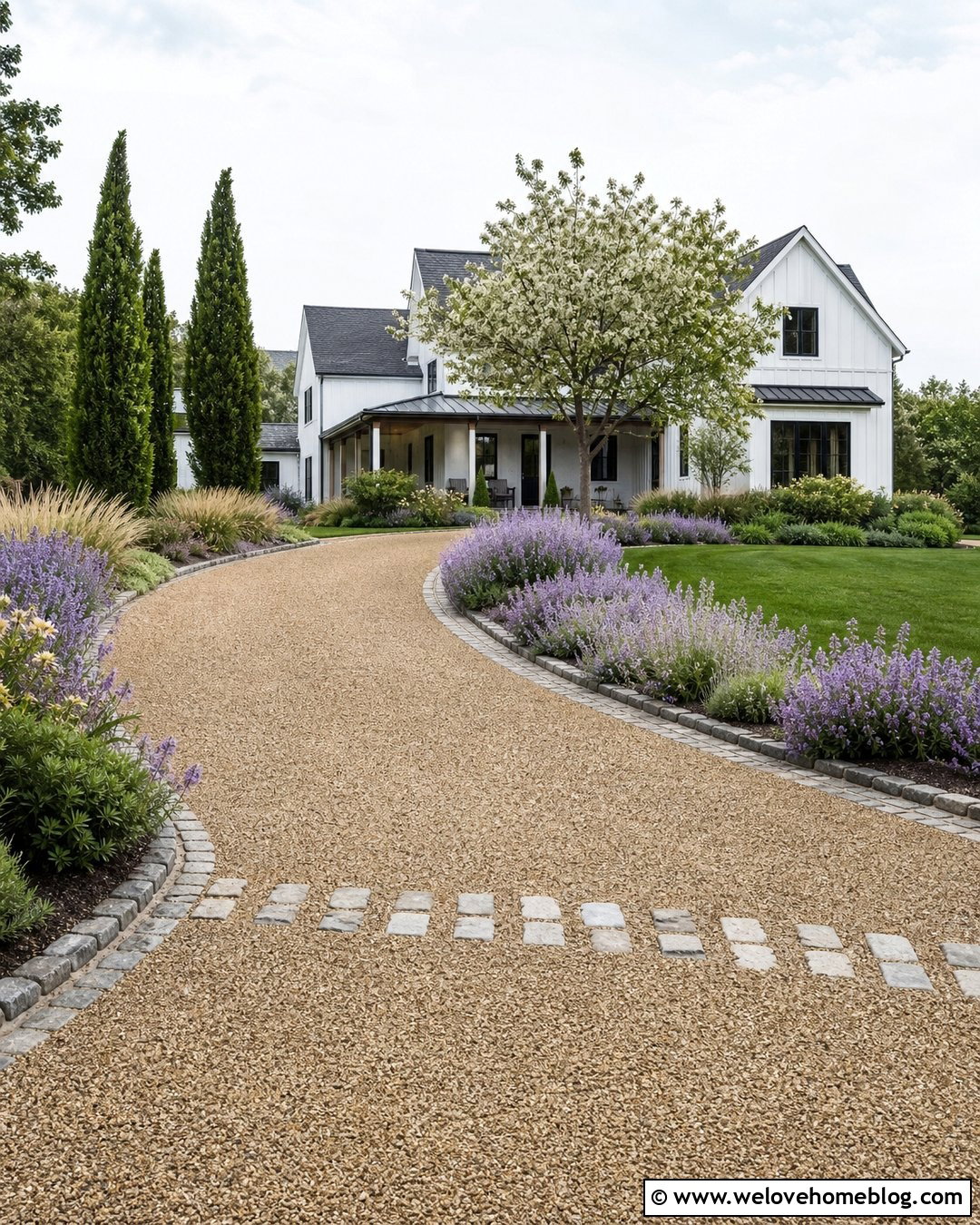 Pea Gravel Driveway With Lavender Borders - 25 landscaping by driveway ideas