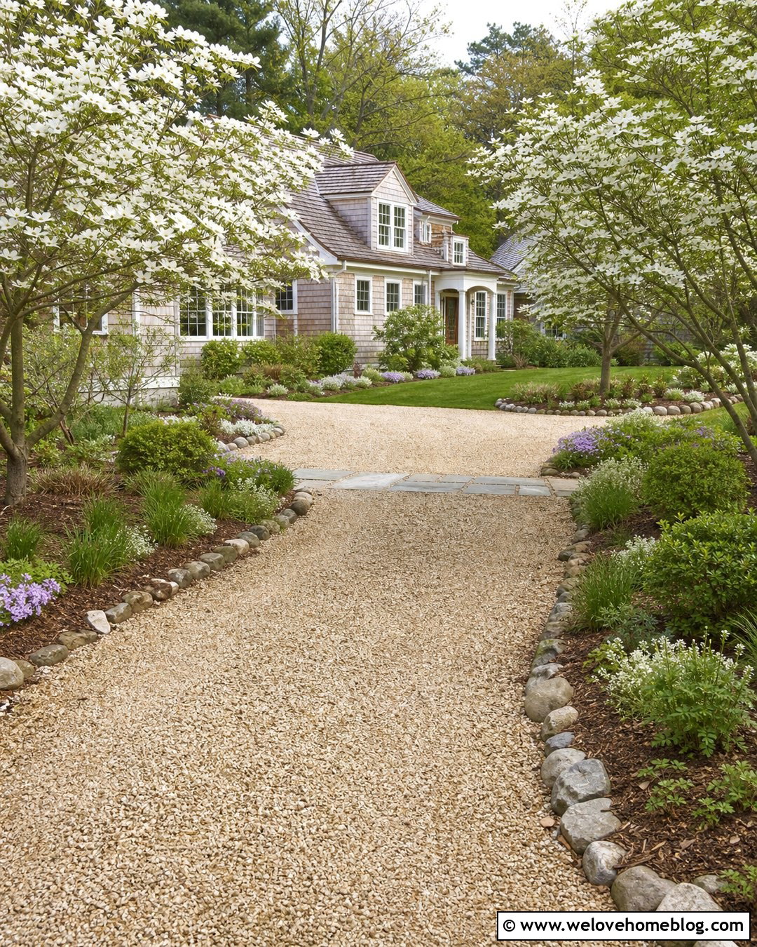 Pea Gravel Driveway With Natural Dogwood Planting - 20 Dogwood Lined Driveway Ideas