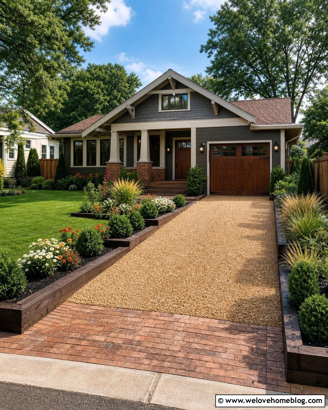 Pea Gravel Driveway With Stained Timber Edging - 20 Landscape Timber Driveway Edging Ideas