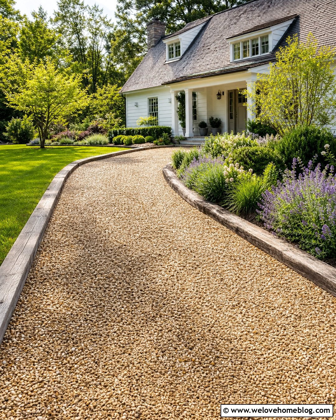 Pea Gravel Driveway With Timber Borders - 20 edge of driveway landscaping ideas
