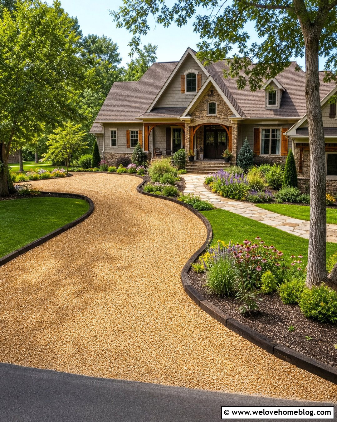 Pea Gravel Driveway With Timber Edging - 25 Front House Driveway Ideas