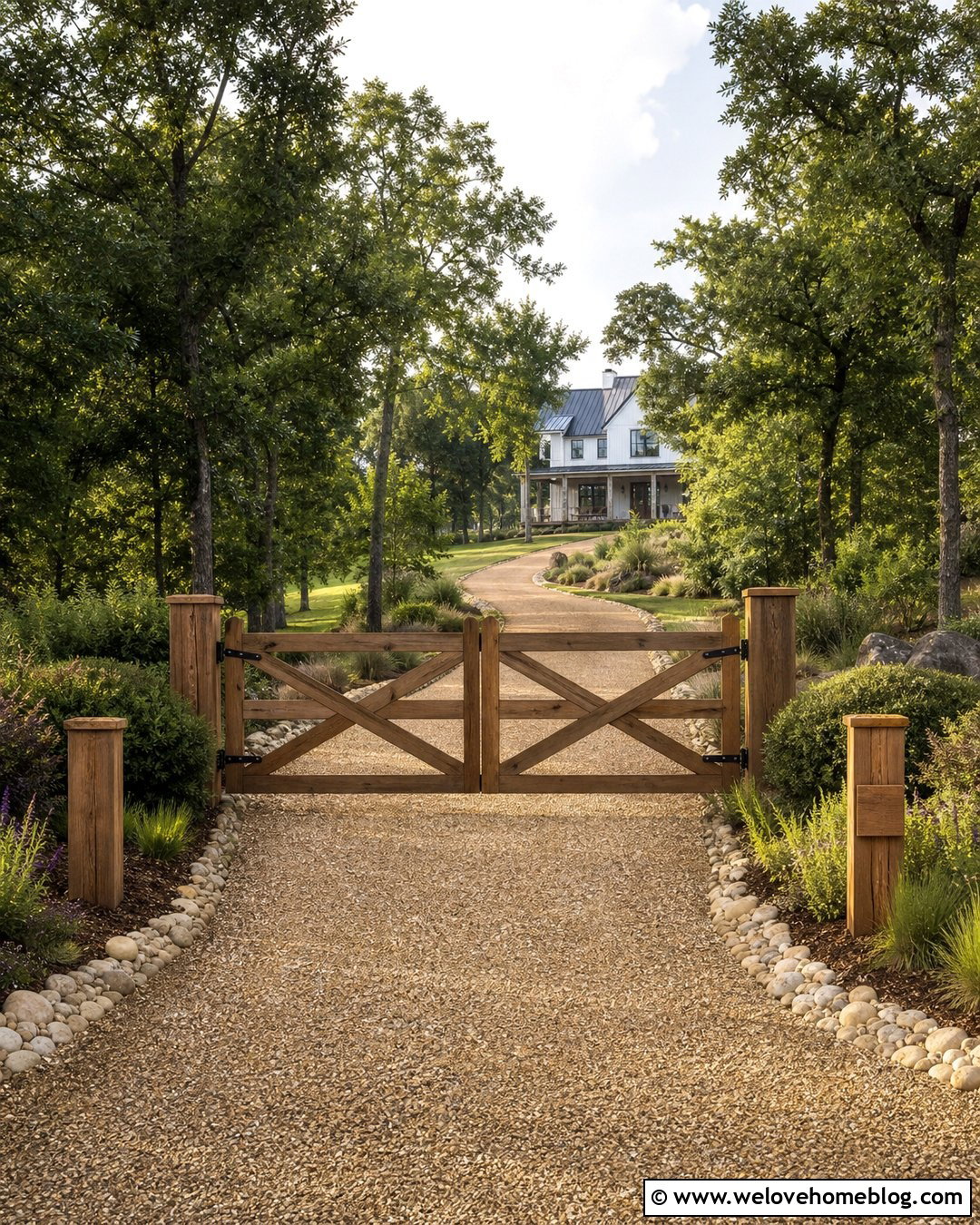 Pea Gravel Driveway With Wood Gate - 35 Pea Gravel Driveway Ideas