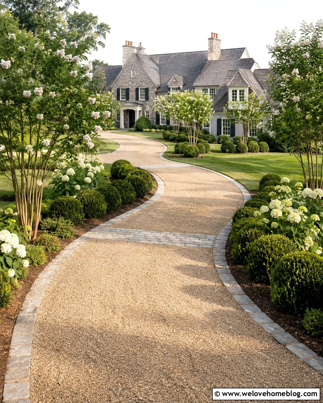 Pea Gravel Long Driveway With Boxwood - 20 Long Driveway Mansion Ideas