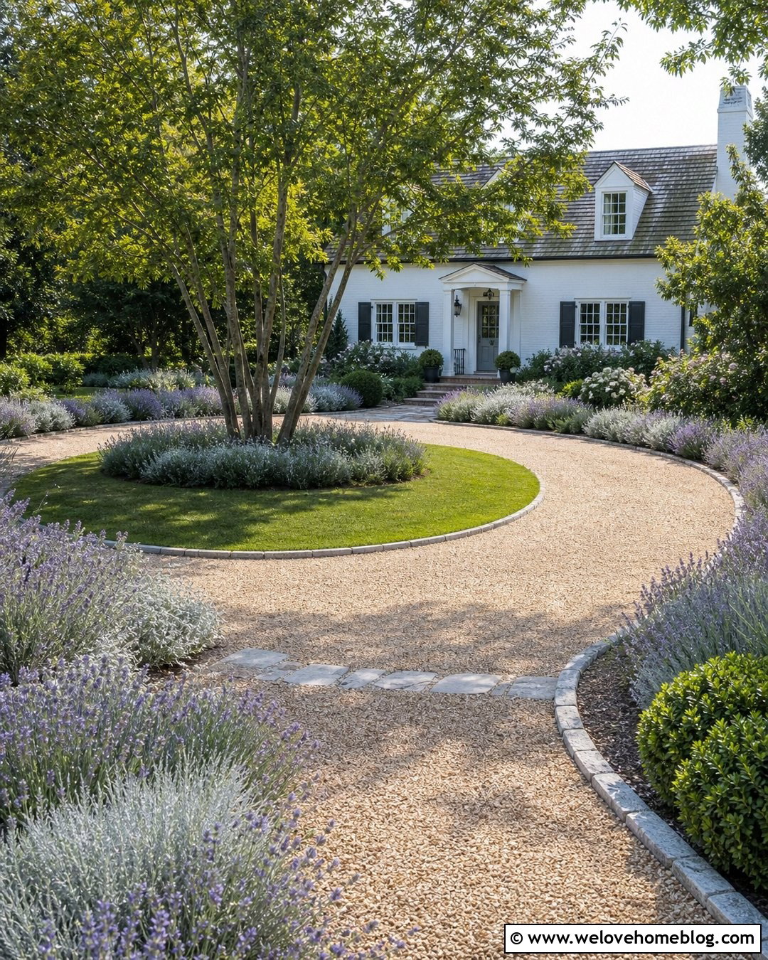 Pea Gravel Loop Driveway With Lavender Borders - 25 Loop Driveway Ideas