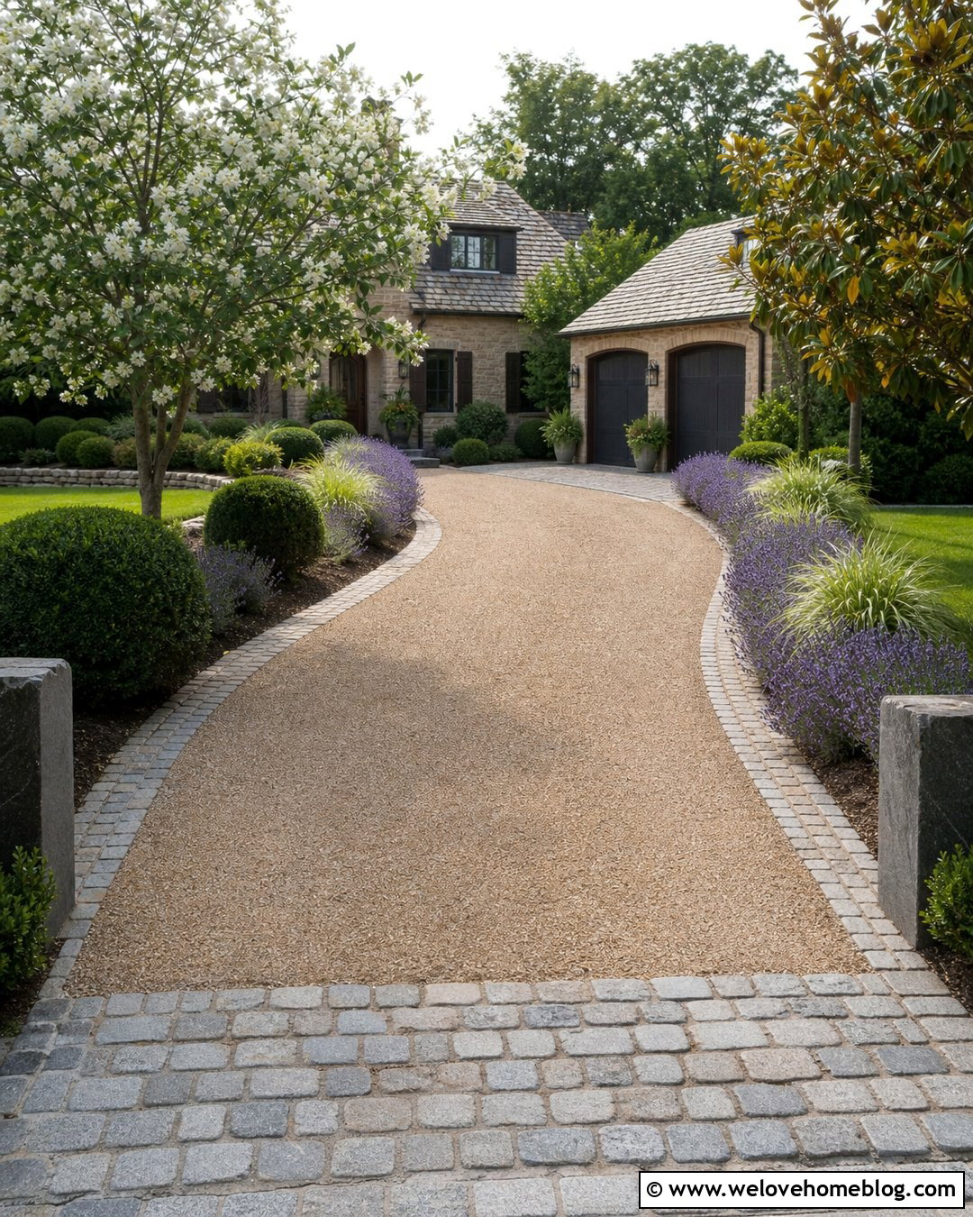 Pea Gravel Luxury Driveway With Cobblestone Edging - 45 Luxury Driveway Ideas