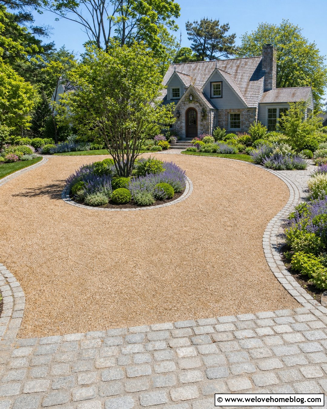 Pea Gravel Round Driveway With Cobblestone Edging - 30 Round Driveway Ideas