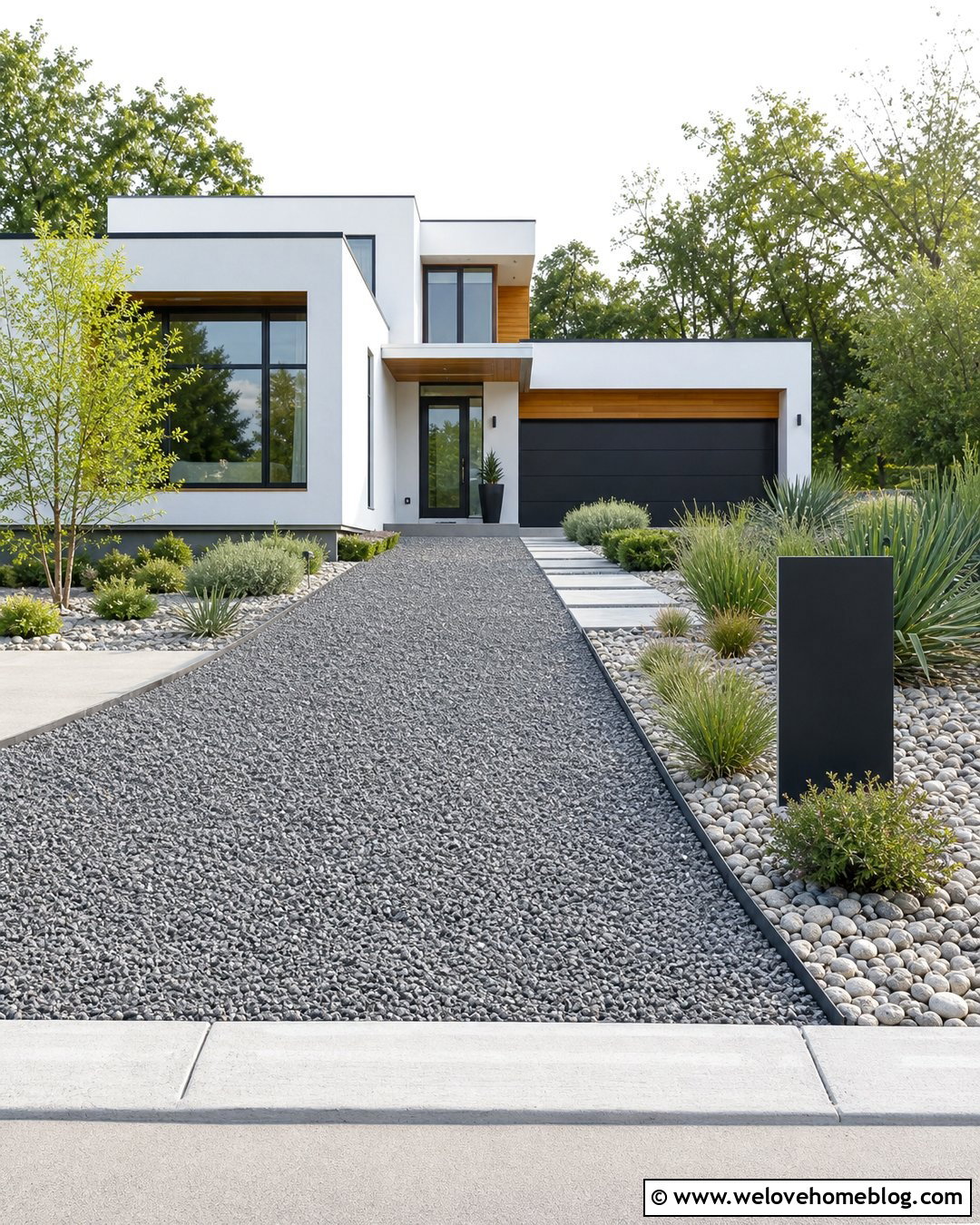 Pea Rock Driveway With Modern Address Sign - 20 Pea Rock Driveway Ideas