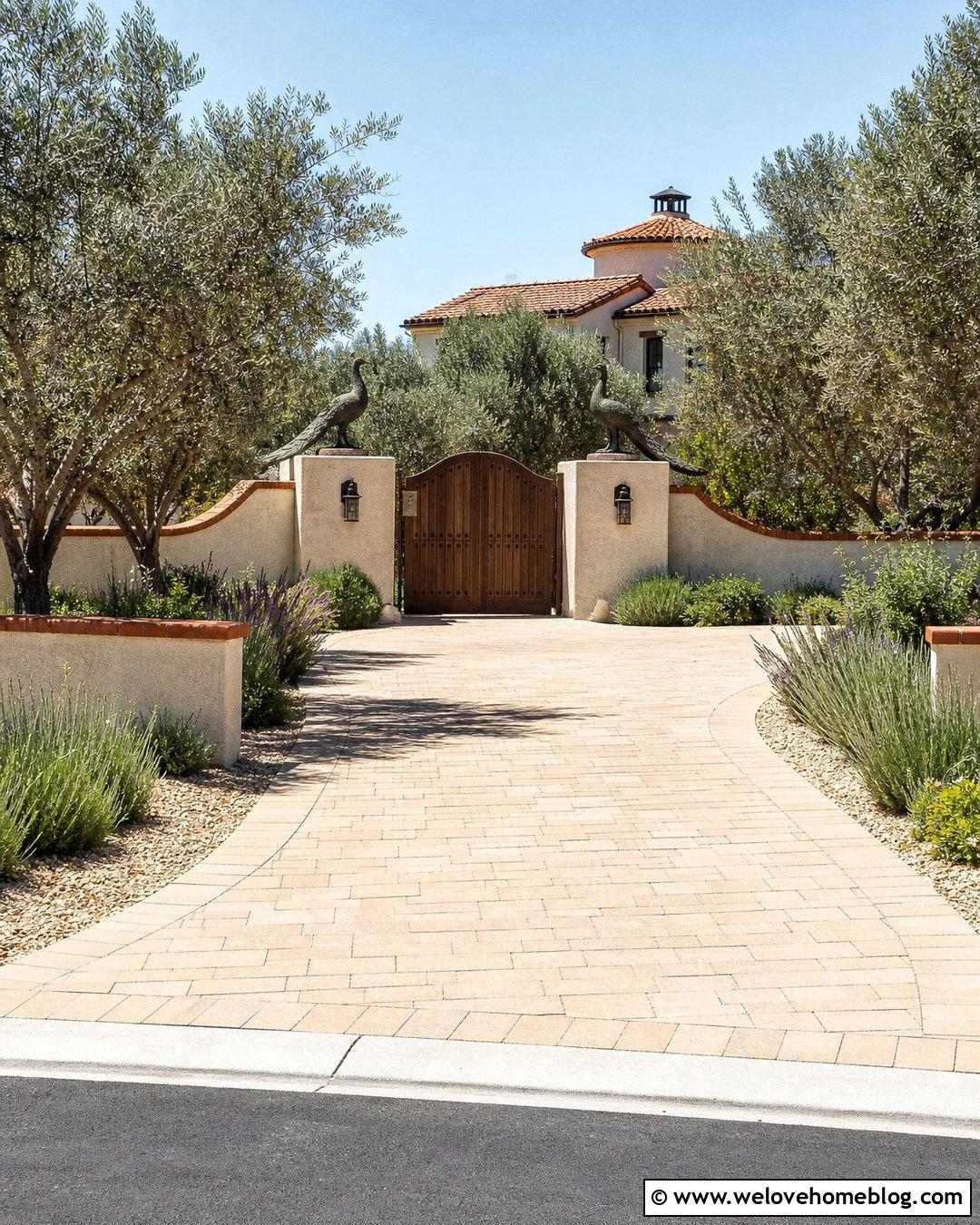 Peacock Statues at a Mediterranean Driveway - 20 Driveway Statues Ideas