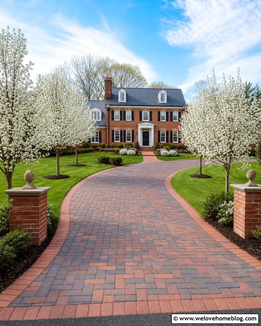 Pear Tree Lined Brick Paver Driveway - 40 Tree Lined Driveway Ideas