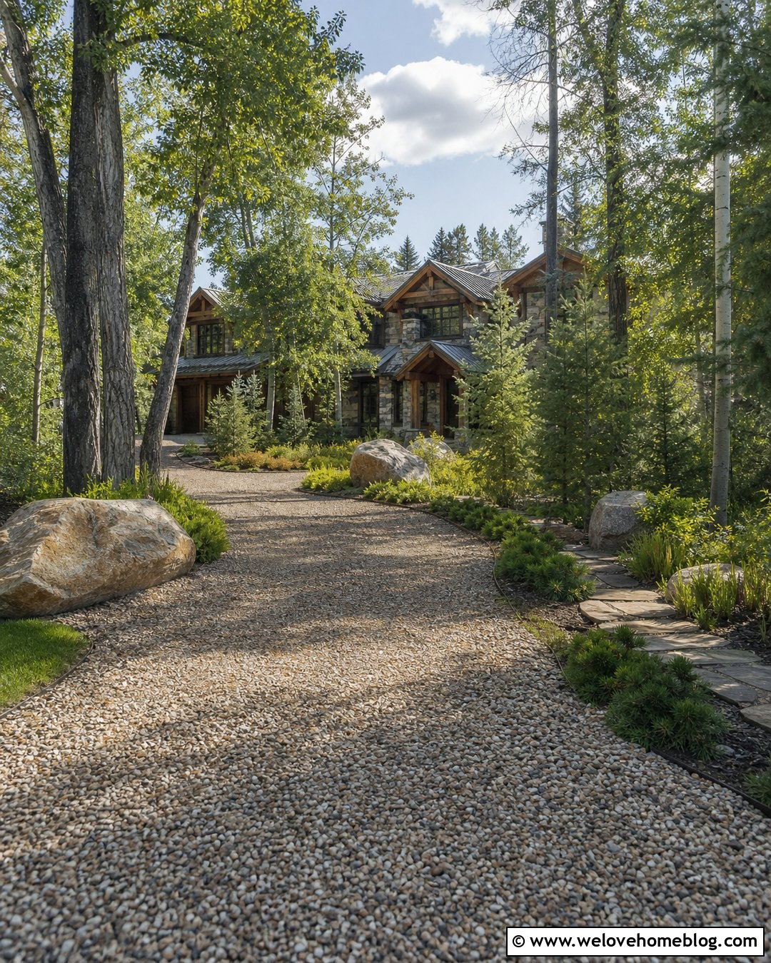Pebble Driveway With Boulder Edging - 35 Pebble Driveway Ideas