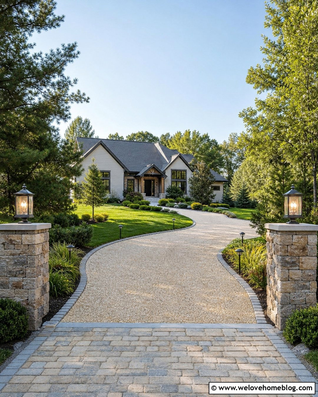 Pebble Driveway With Low Voltage Lighting - 35 Pebble Driveway Ideas