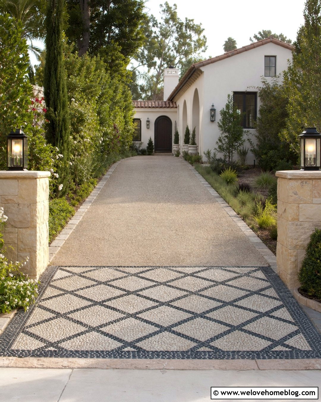 Pebble Mosaic Driveway Entrance - 35 Pebble Driveway Ideas