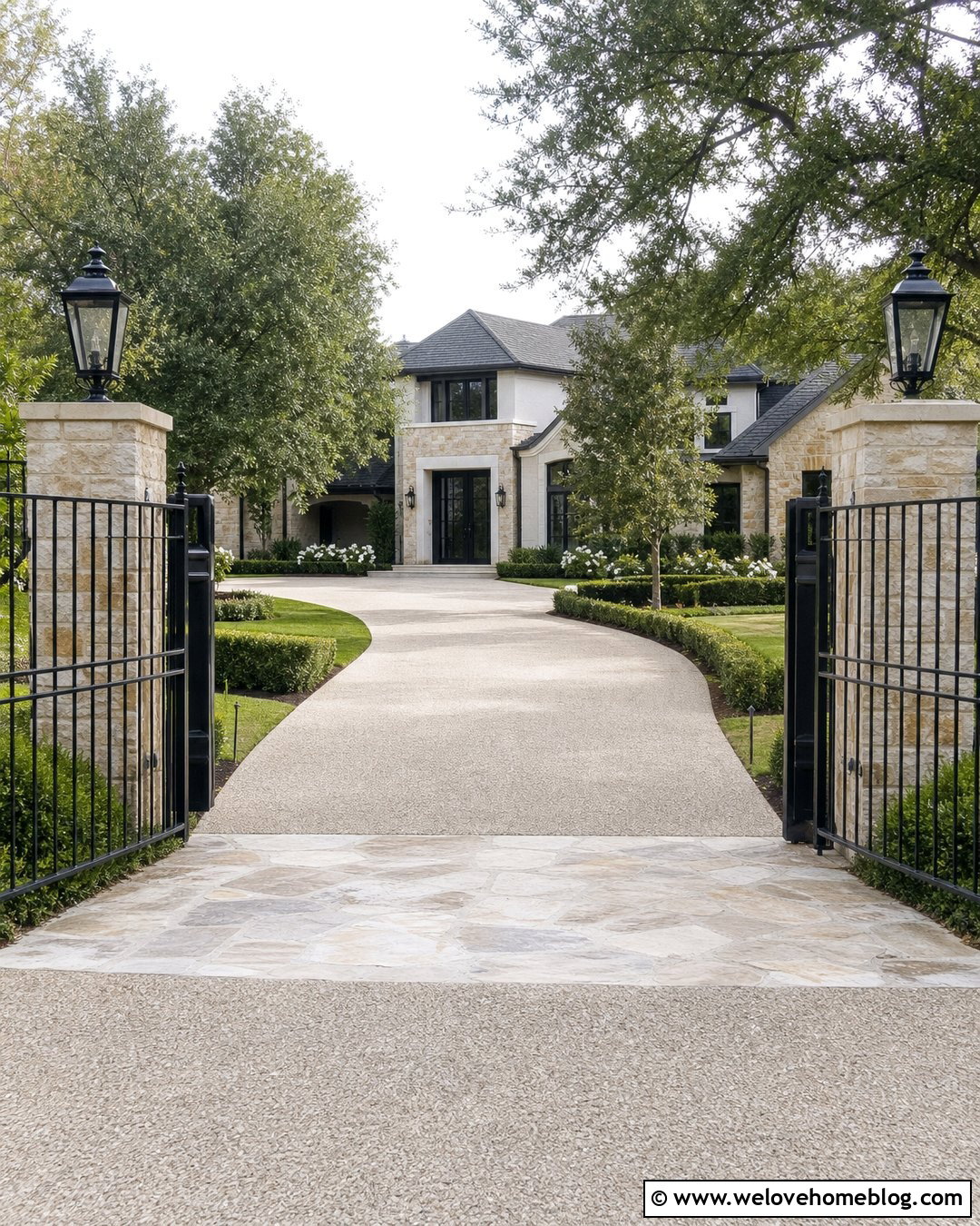 Pebblecrete Driveway With Metal Gate And Pillars - 25 Pebblecrete Driveway Ideas