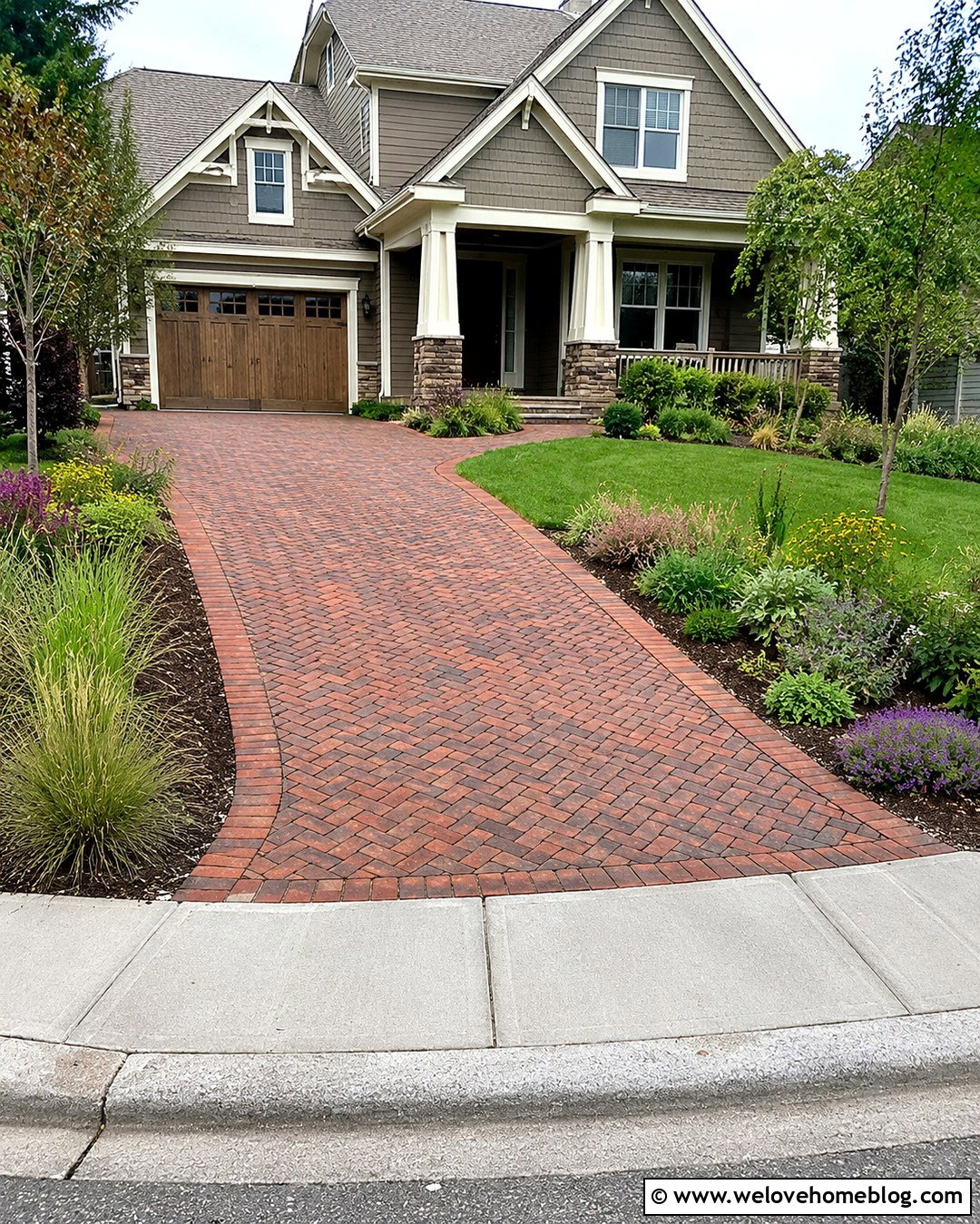 Permeable Brick Driveway With A Rain Garden - 20 Brick Driveway In Suburban Neighborhood Ideas