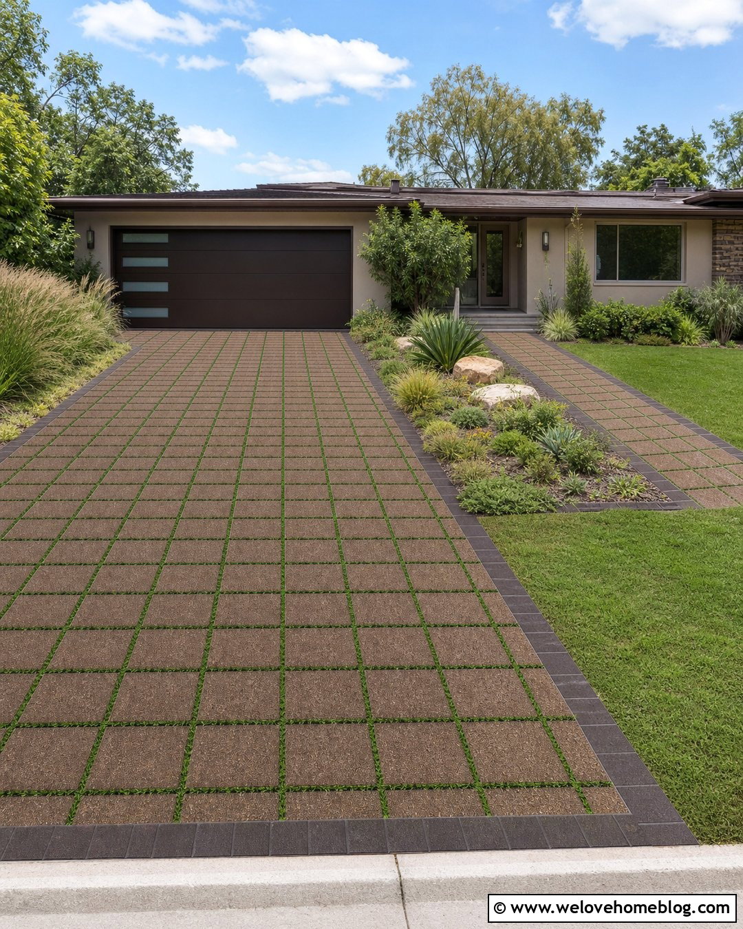 Permeable Brown Paver Driveway With Grass Joints - 20 Brown Pavers Driveway Ideas