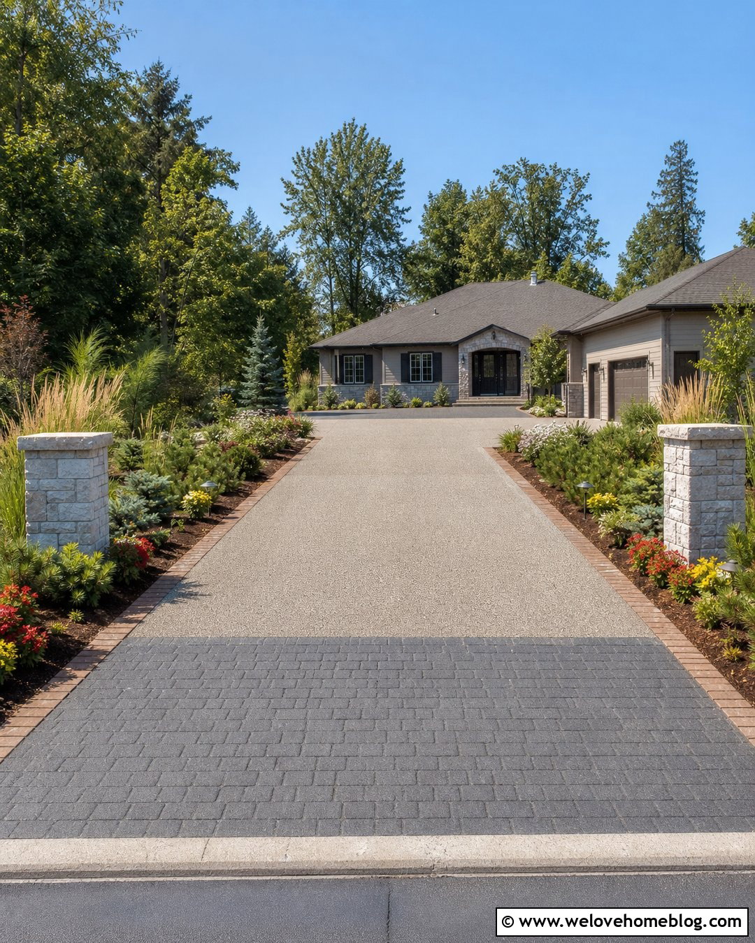 Permeable Concrete Driveway With Contrasting Paver Apron - 20 Permeable Concrete Driveway Ideas