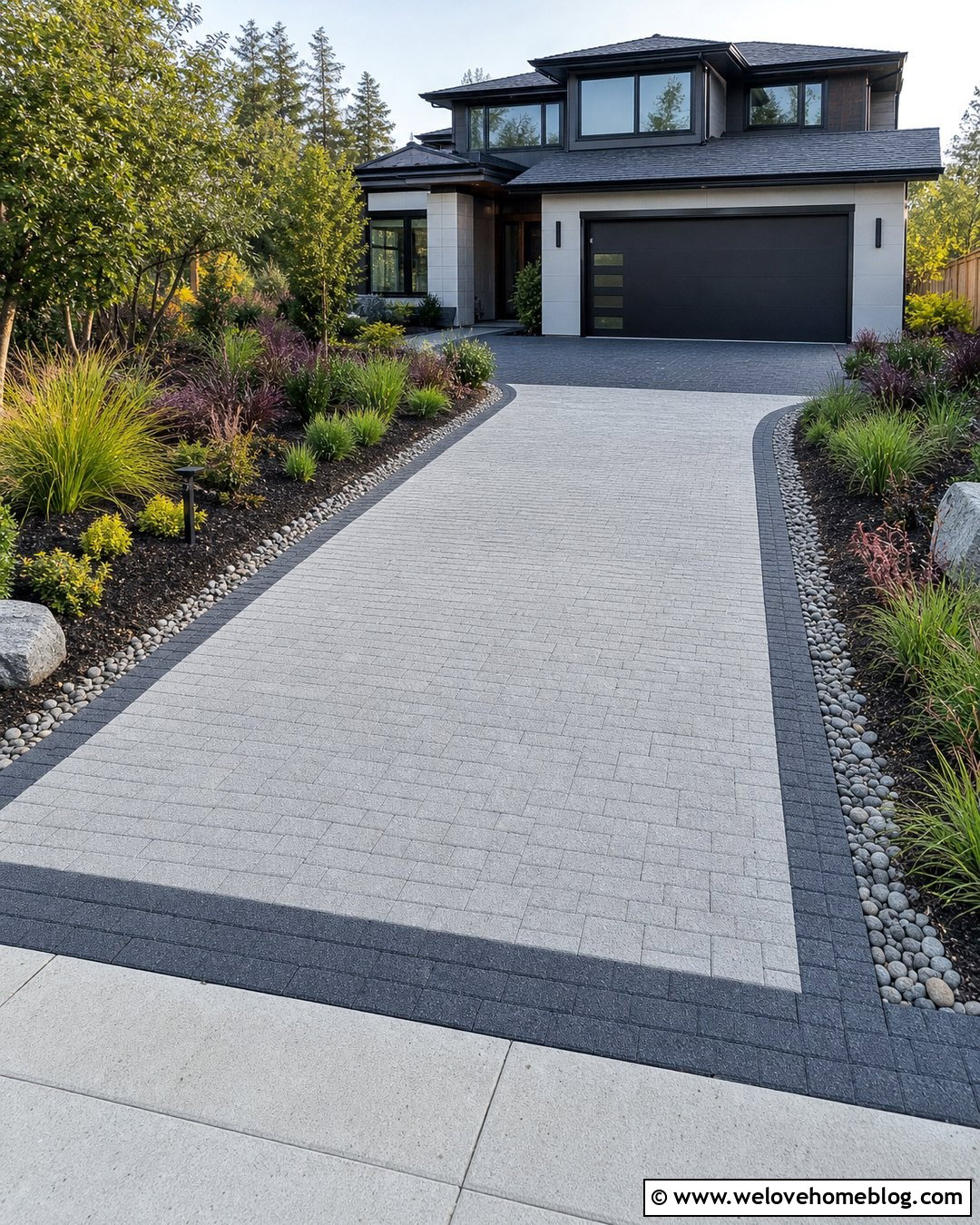 Permeable Driveway With Dark Paver Border - 20 Paver Edged Driveway Ideas