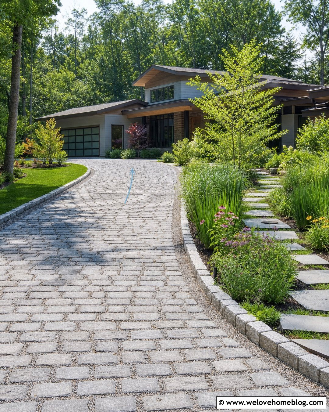 Permeable Granite Cobblestone Driveway With Rain Garden - 25 Granite Cobblestone Driveway Ideas
