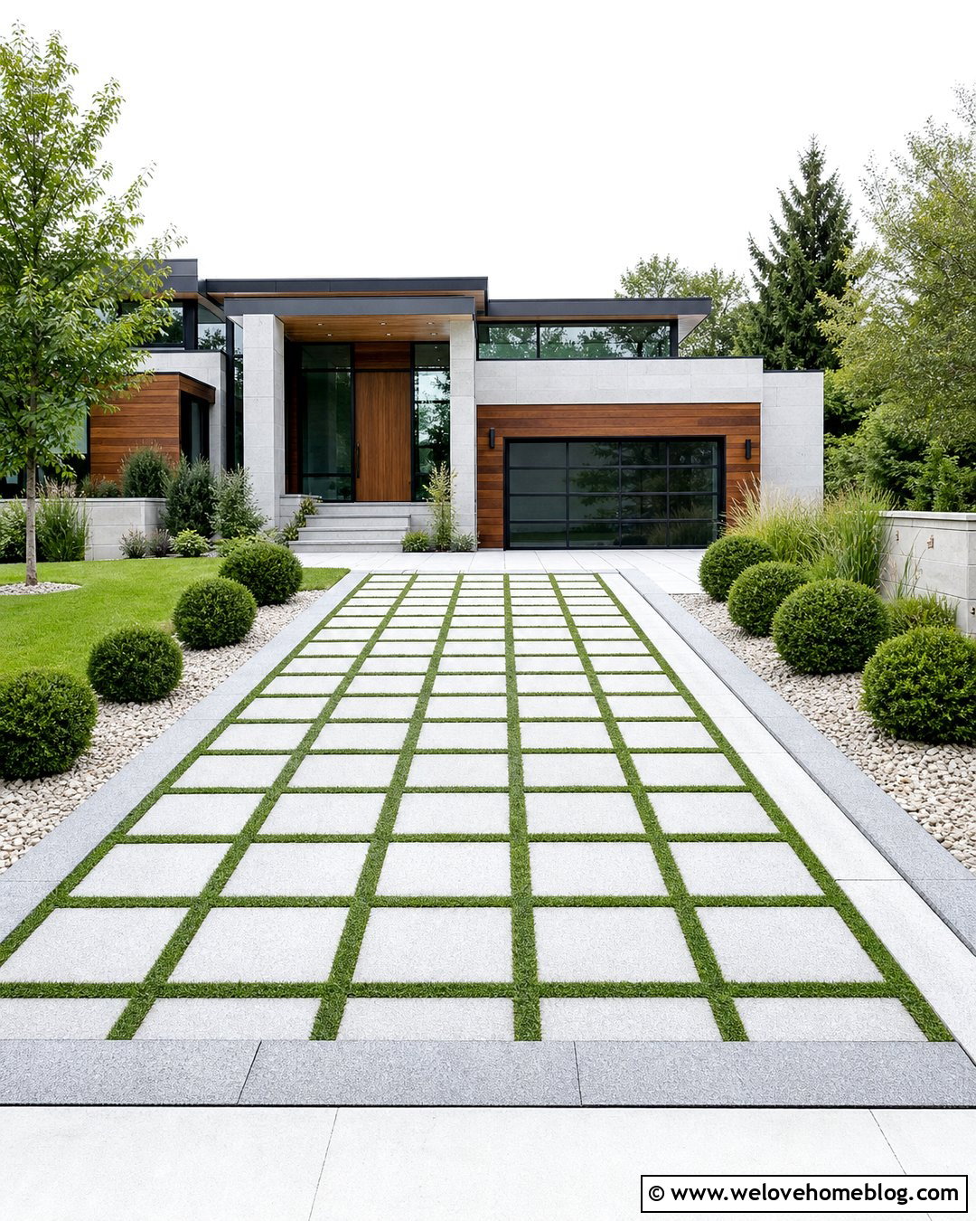 Permeable Gray Stone Driveway With Grass Joints - 20 Modern Gray Stone Driveway Ideas