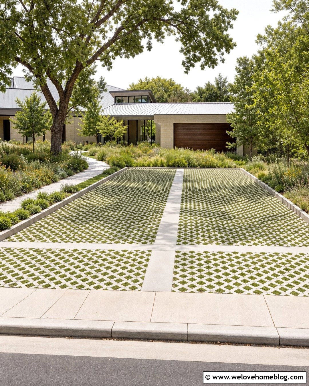 Permeable Grid Synthetic Grass Driveway - 20 Synthetic Grass Driveway Ideas