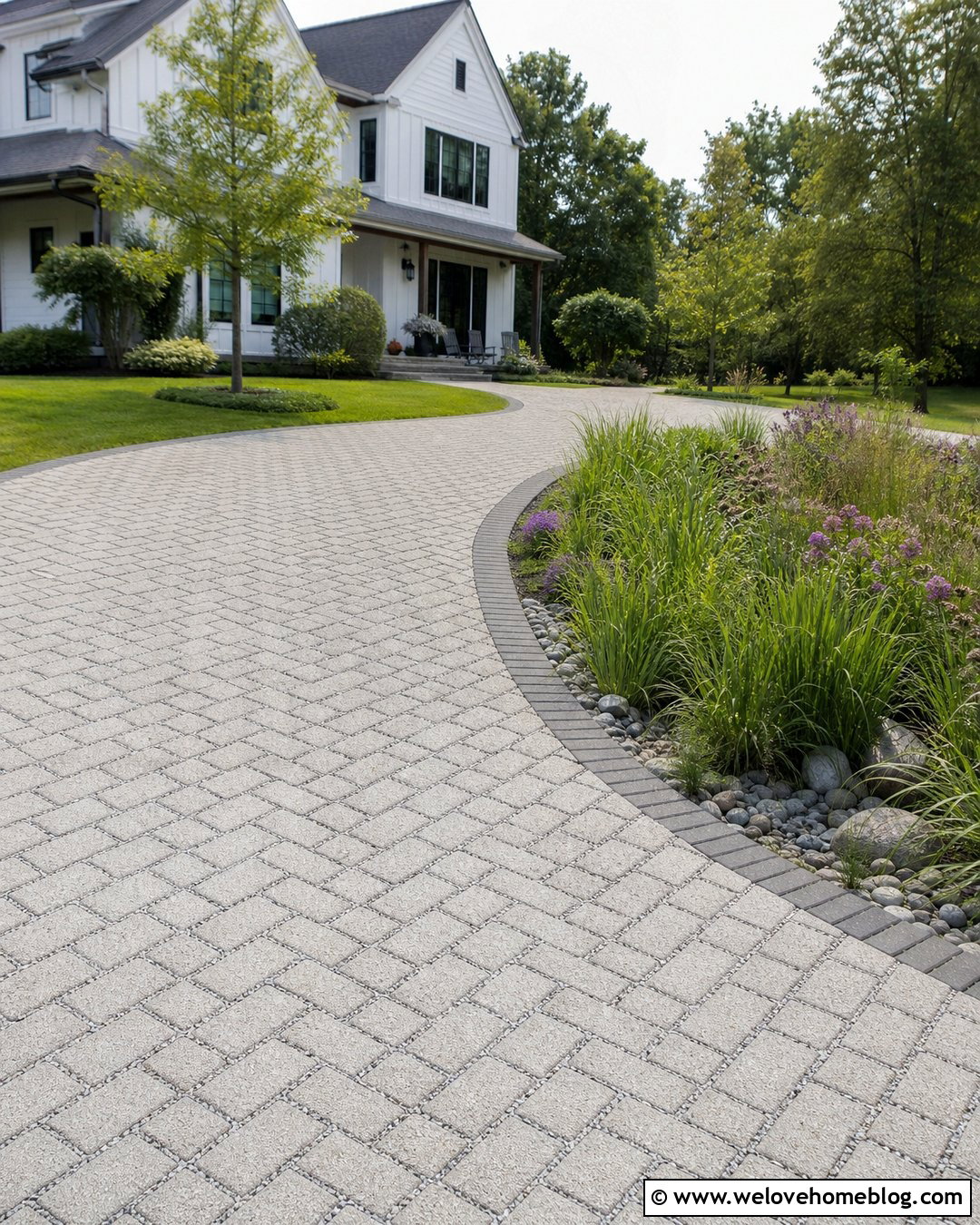 Permeable Interlock Driveway Border With Rain Garden - 20 Interlock Driveway Border Ideas