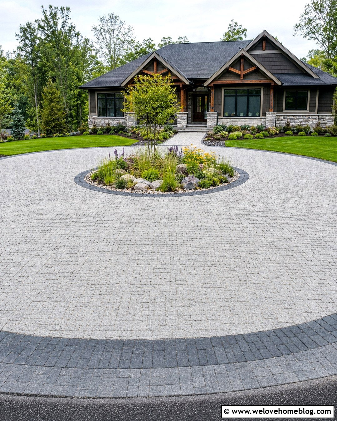 Permeable Paver Circular Driveway With Rain Garden - 20 Driveway Circle Ideas