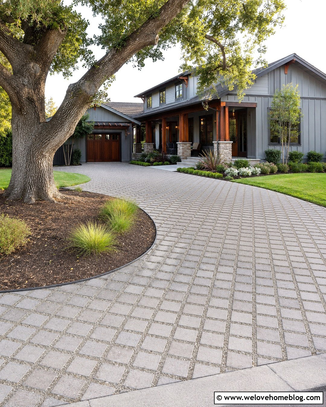 Permeable Paver Driveway Around an Oak Tree - 20 oak tree driveway ideas