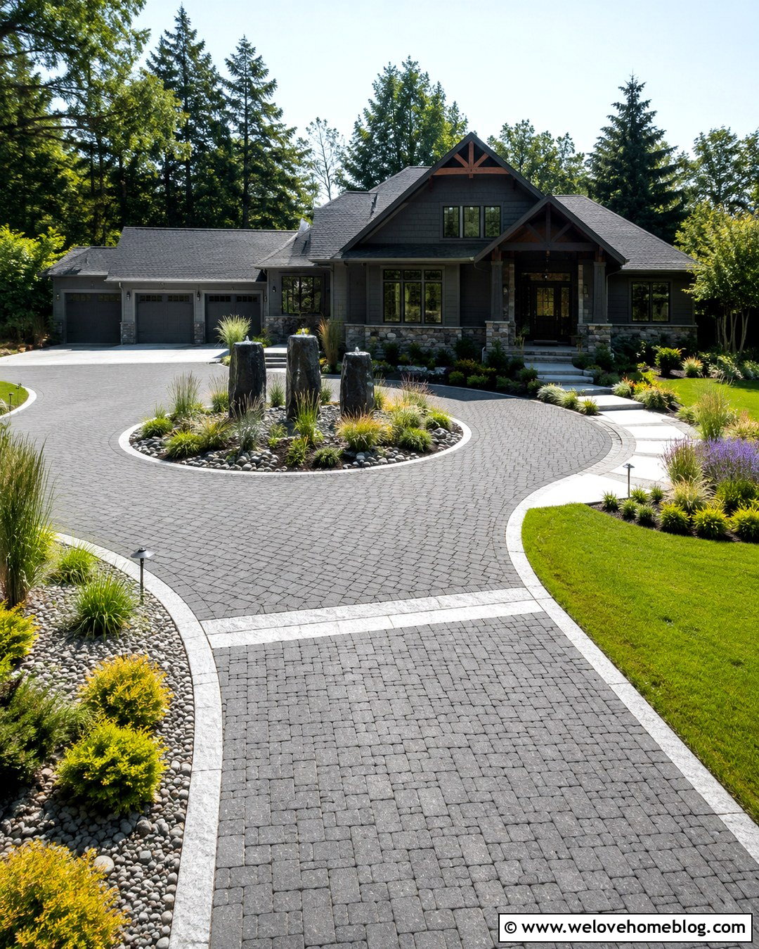 Permeable Paver Driveway With Basalt Fountain - 20 Water Fountain Driveway Ideas