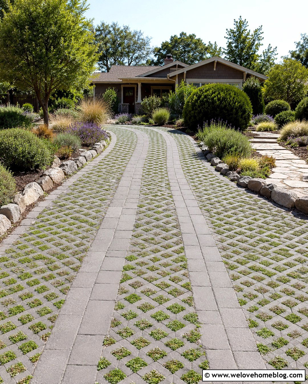 Permeable Paver Driveway With Creeping Thyme - 20 Planted Driveway Ideas