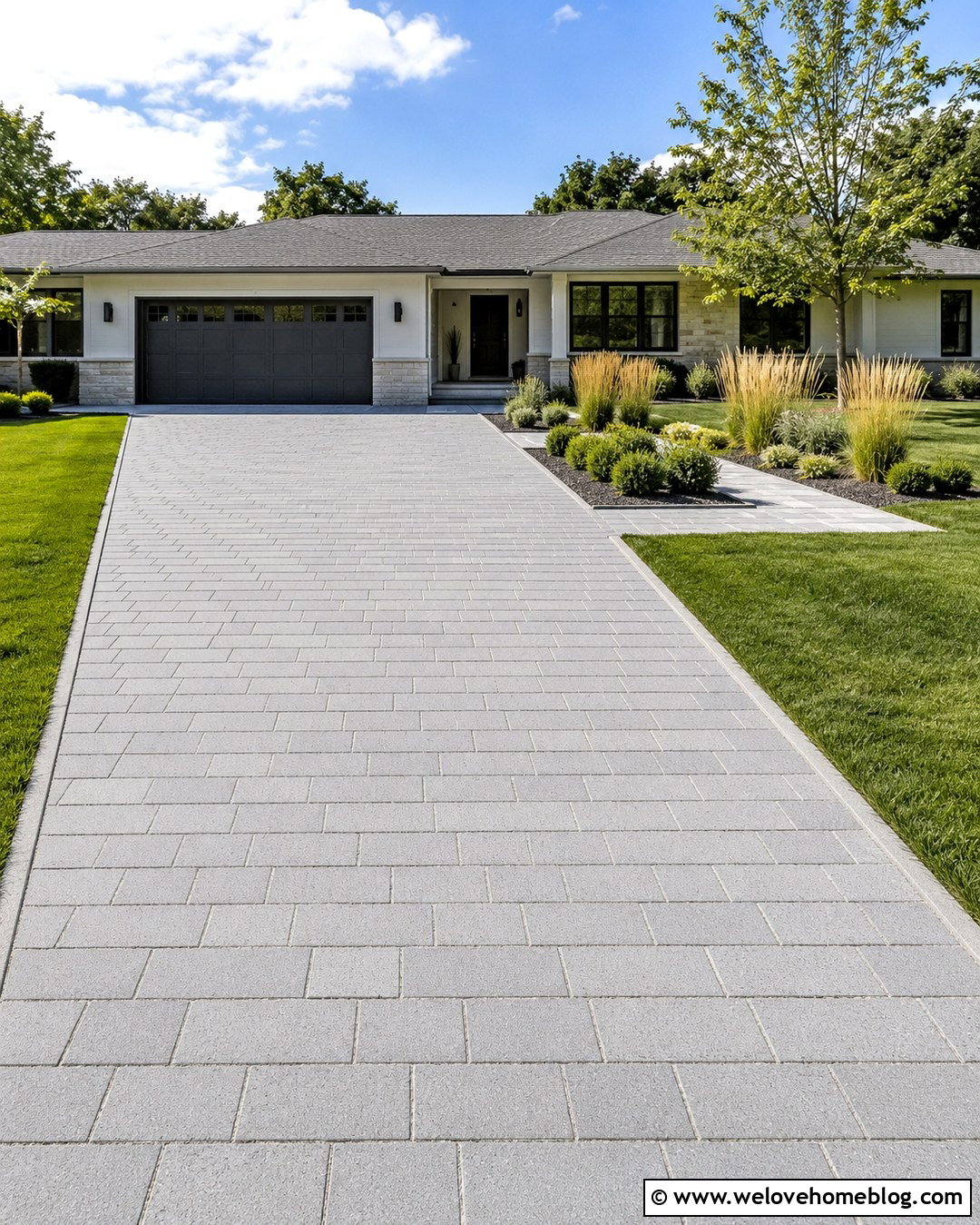 Permeable Paver Driveway With Grass Borders - 20 Driveway Renovation Ideas
