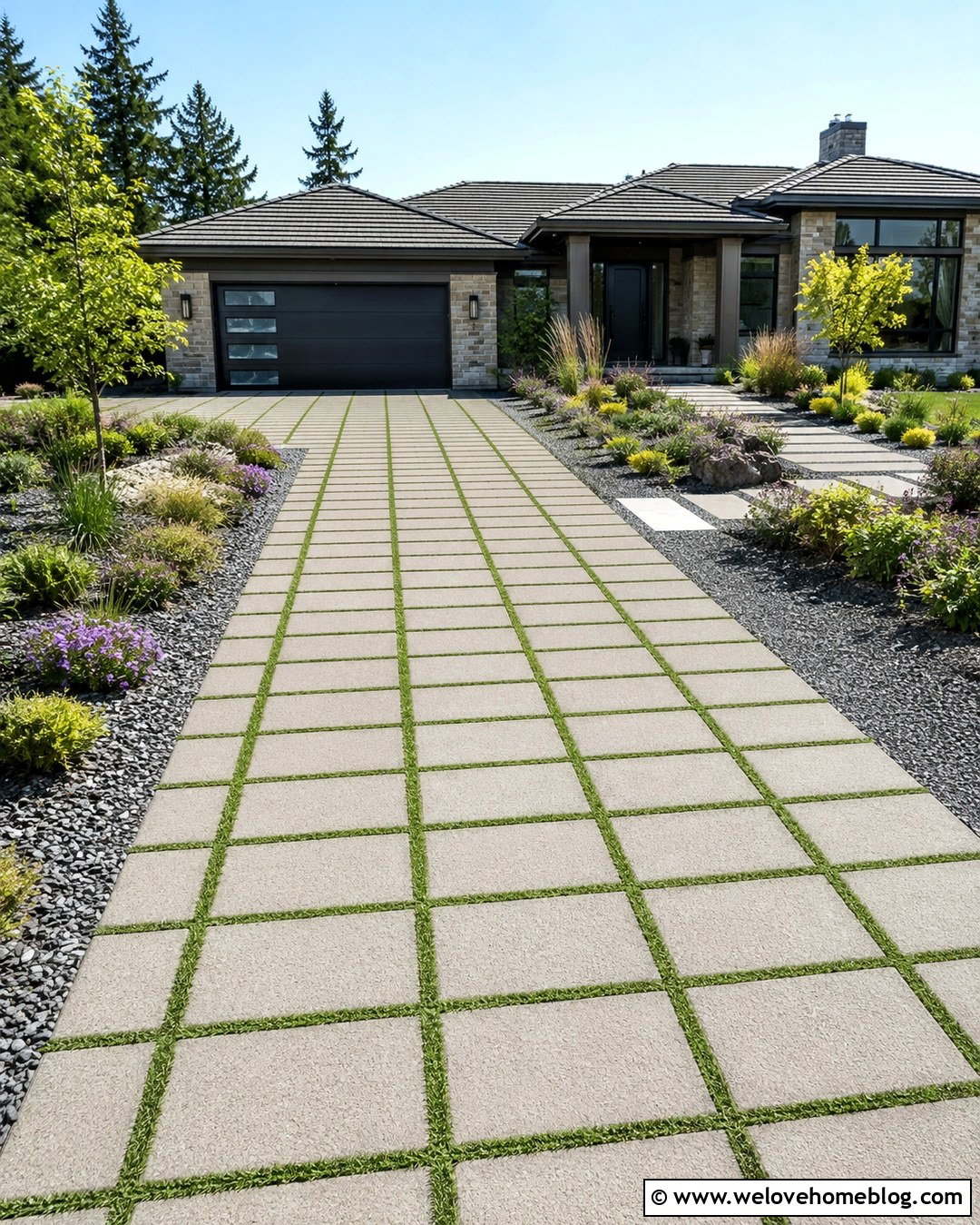 Permeable Paver Driveway With Grass Joints - 20 Summer Driveway View Ideas