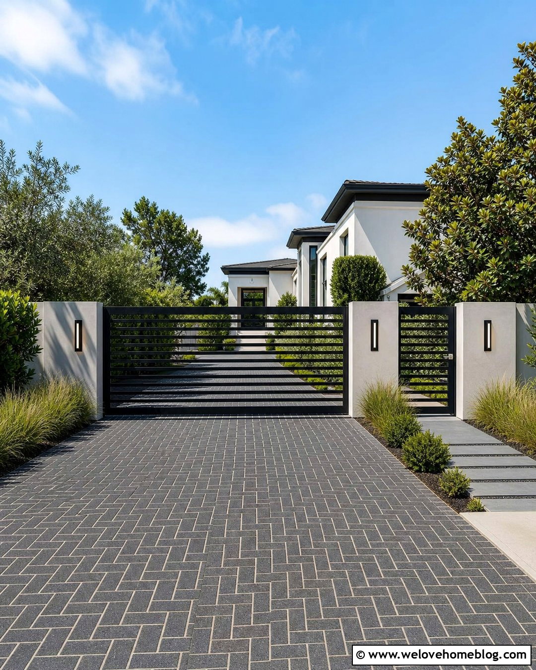 Permeable Paver Driveway With Modern Gate - 30 Permeable Pavers Driveways Ideas