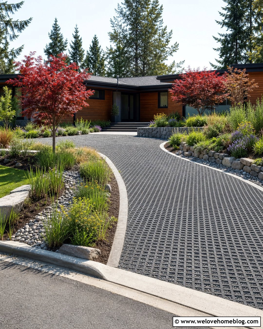 Permeable Paver Driveway With Red Maple Rain Gardens - 20 Red Maple Tree Lined Driveway Ideas