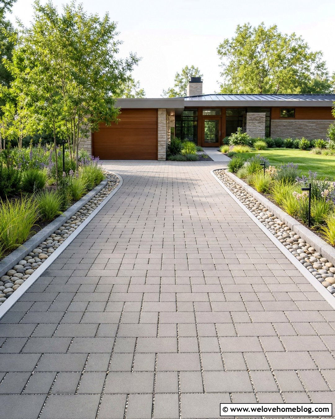 Permeable Paver Driveway With River Stone Border - 20 Paved Driveway With Stone Border Ideas