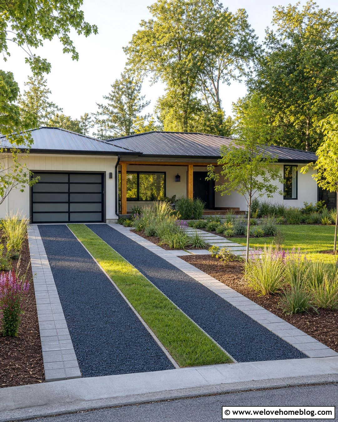 Permeable Paver Edging With Grass Strips - 20 Driveway Paver Edging Ideas