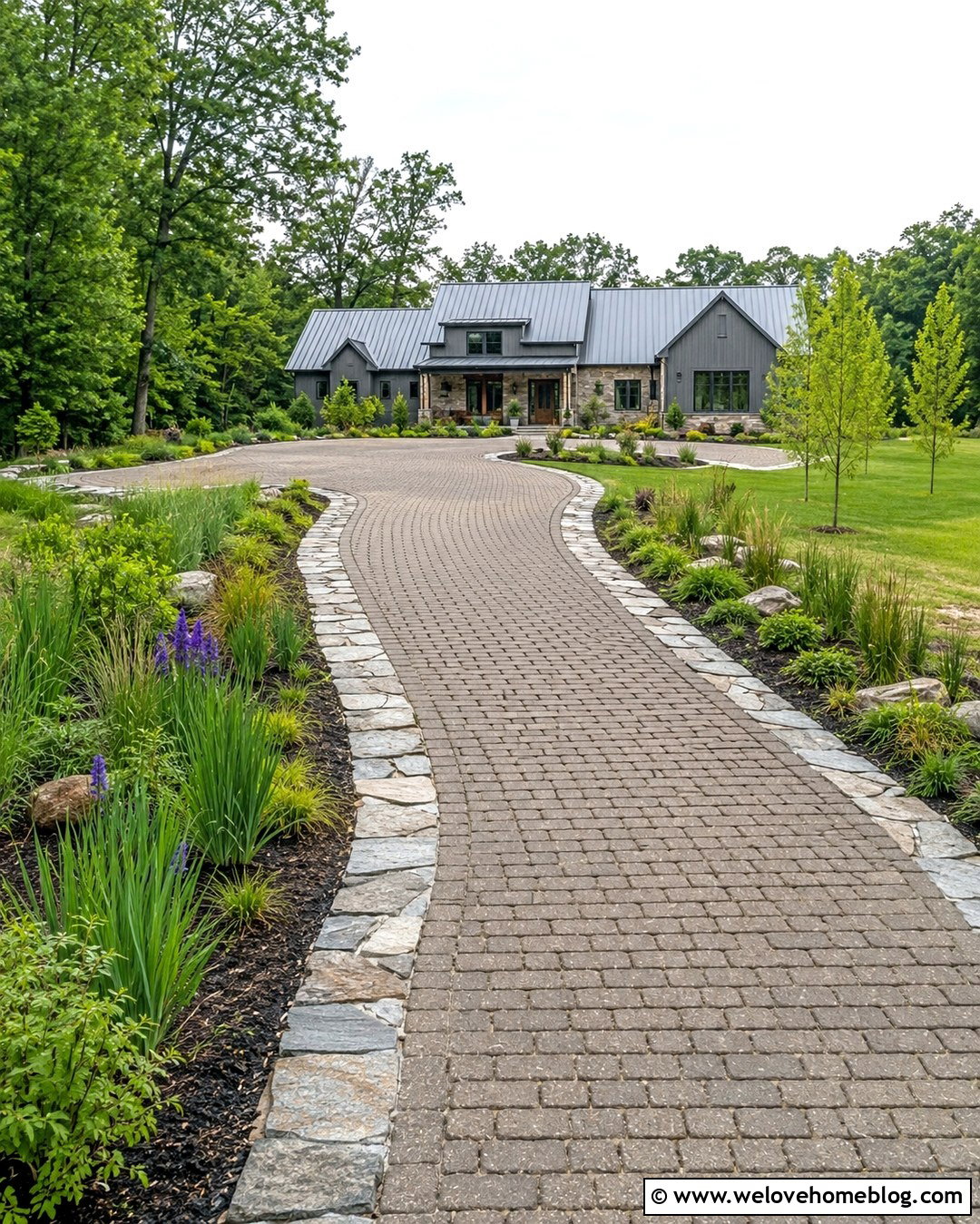 Permeable Paver Farmhouse Long Driveway With Rain Gardens - 20 Farmhouse Long Driveway Ideas