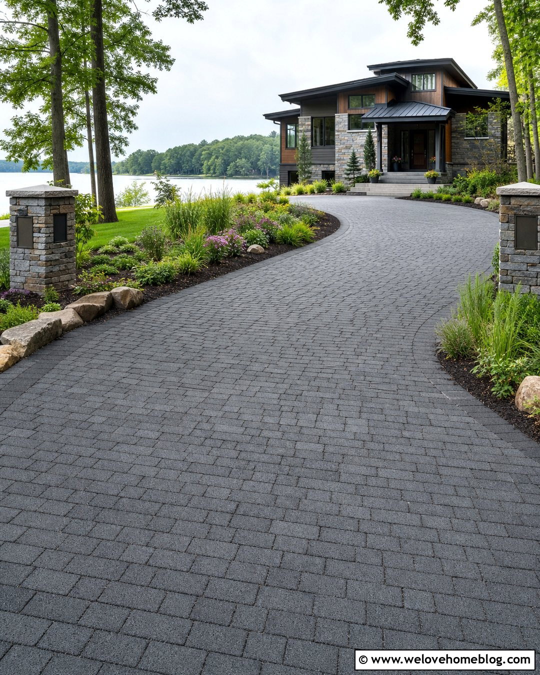 Permeable Paver Lake House Driveway Entrance With Rain Garden - 20 Lake House Driveway Entrance Ideas