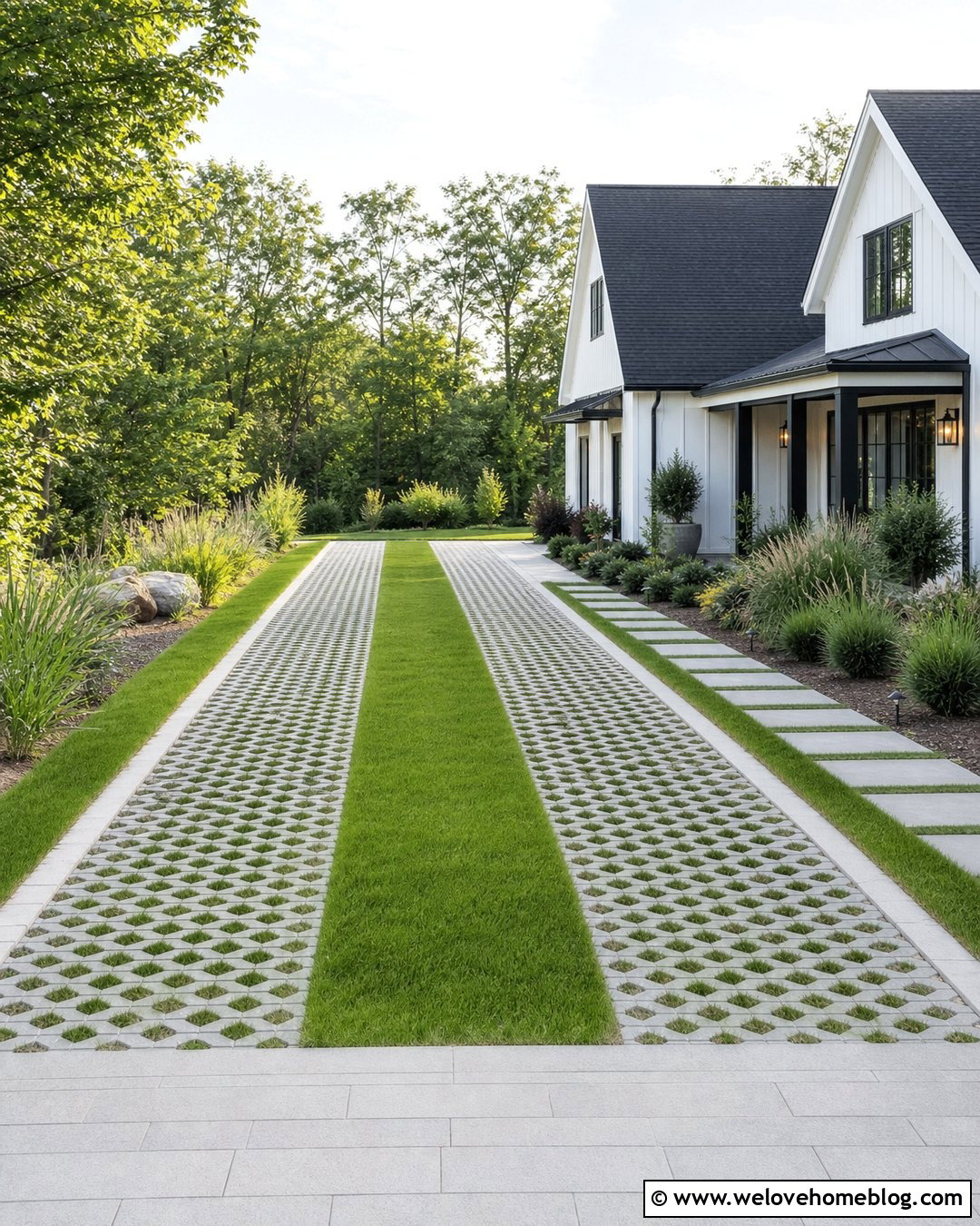 Permeable Paver Ribbon Driveway With Grass - 20 Ribbon Driveway Ideas