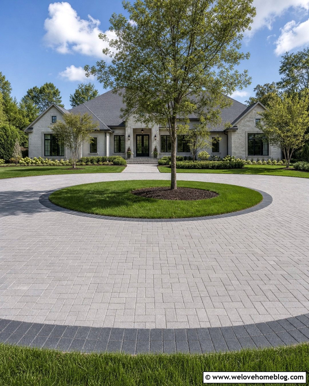 Permeable Paver Roundabout Driveway With Lawn Island - 35 Round About Driveway Landscaping Ideas