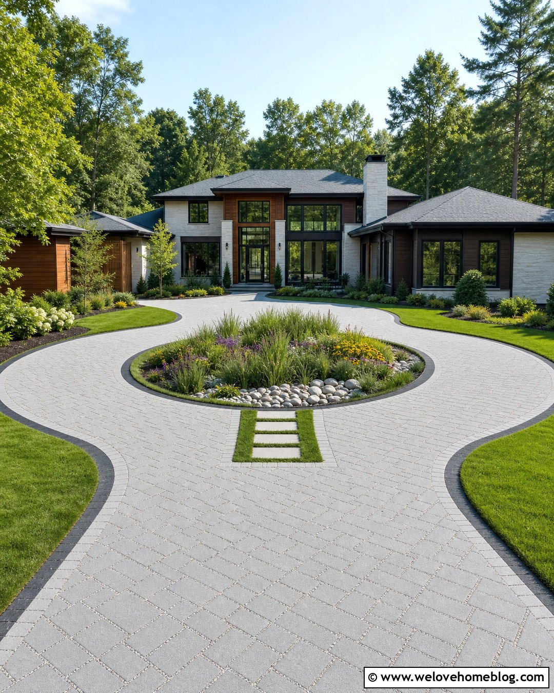 Permeable Paver Roundabout Driveway With Rain Garden - 35 Roundabout Driveway Ideas