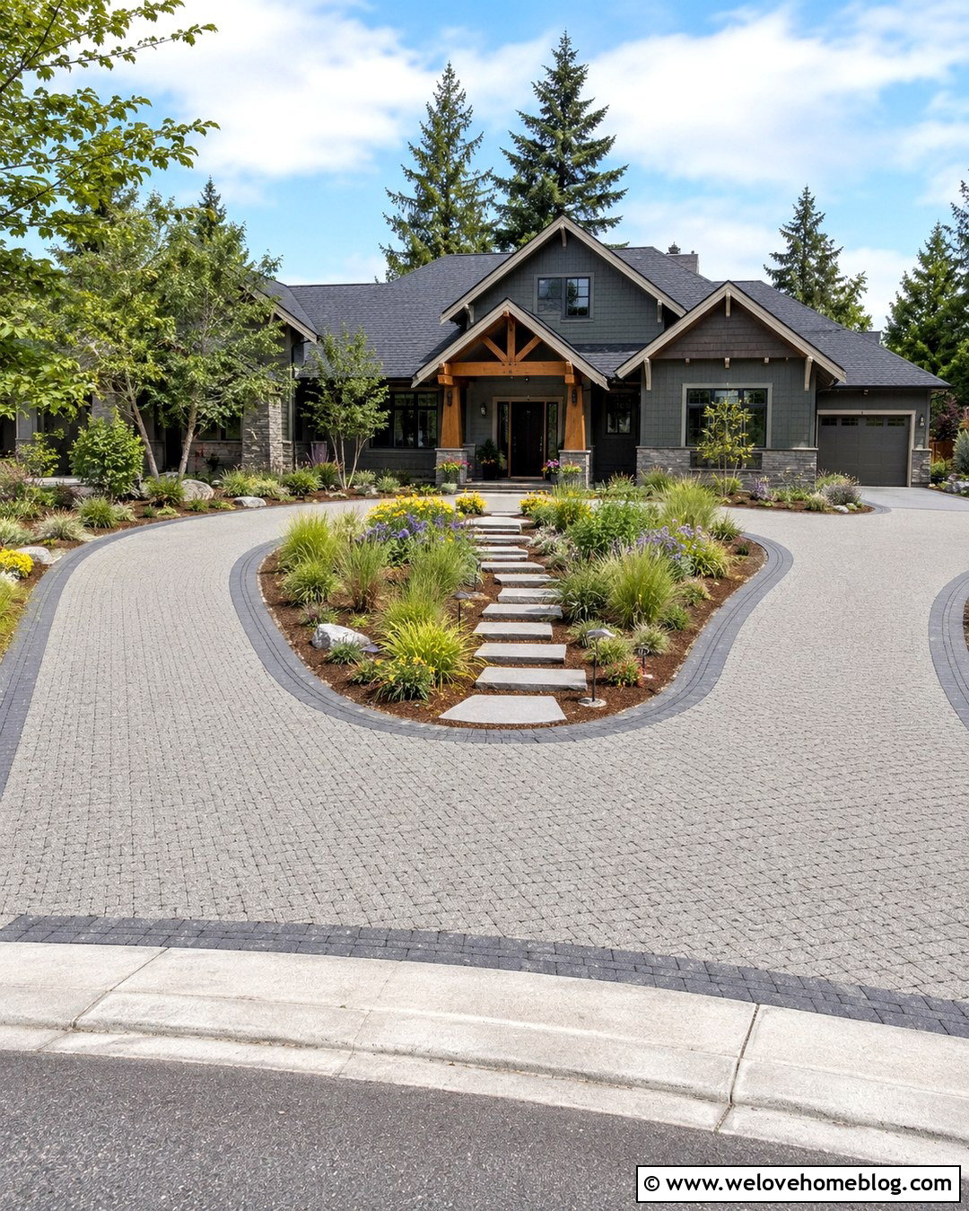 Permeable Paver U Shaped Driveway With Rain Garden - 20 U Shaped Driveway Ideas