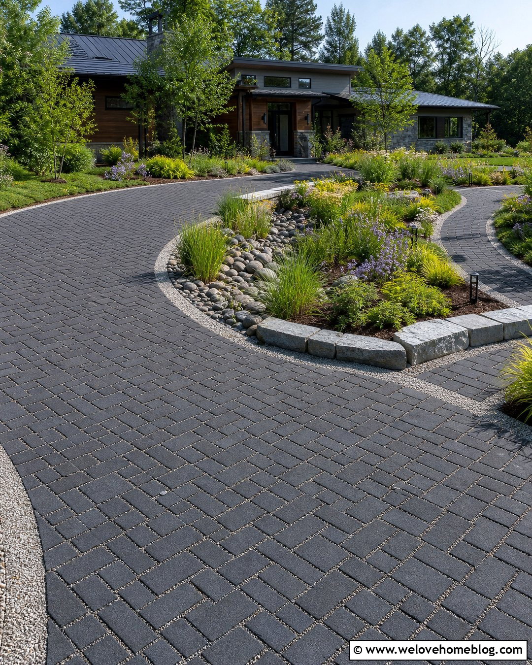 Permeable U Shaped Driveway With Rain Gardens - 25 U Driveway Front Yards Ideas
