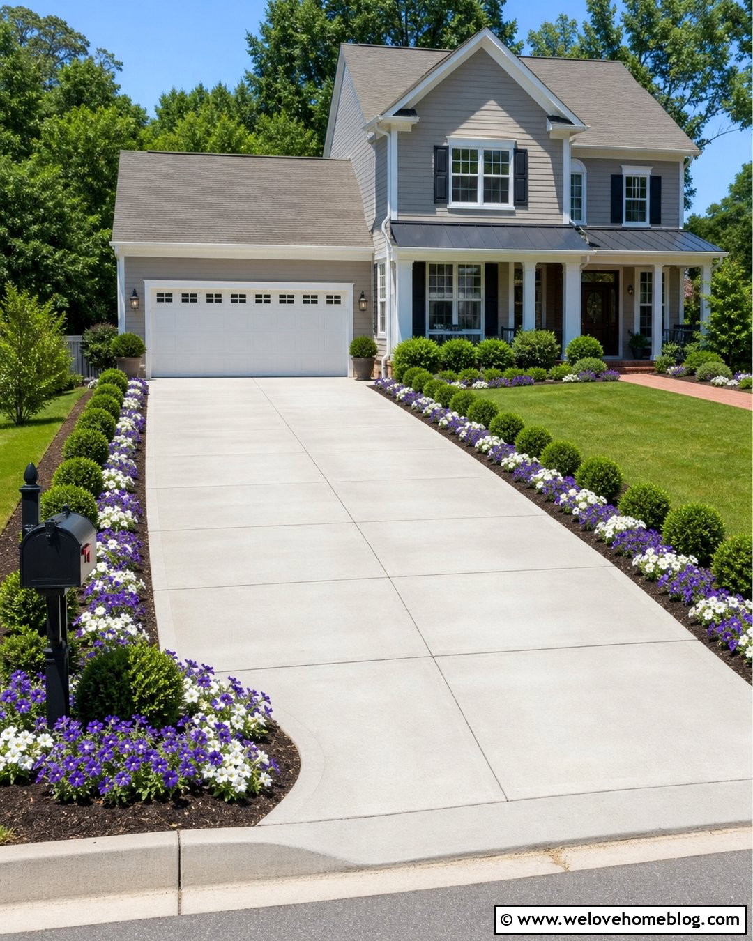 Petunia Lined Suburban Driveway - 25 flower lined driveway ideas