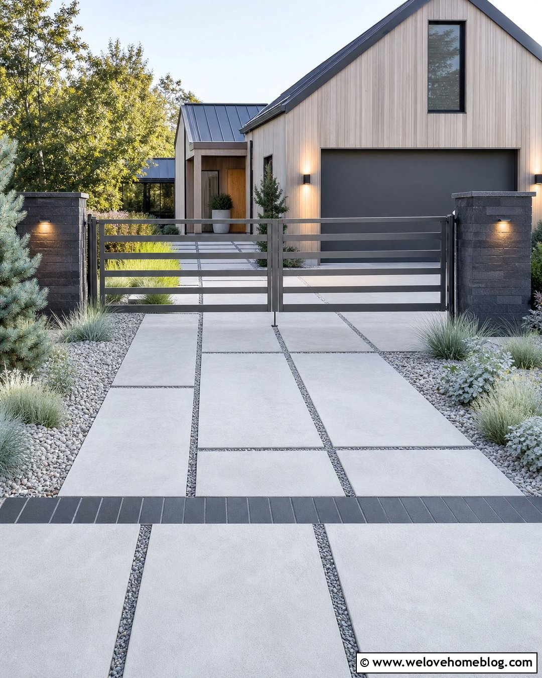 Pewter Freedom Aluminum Driveway Gate With Gray Pavers - 20 Freedom Aluminum Driveway Gates Ideas
