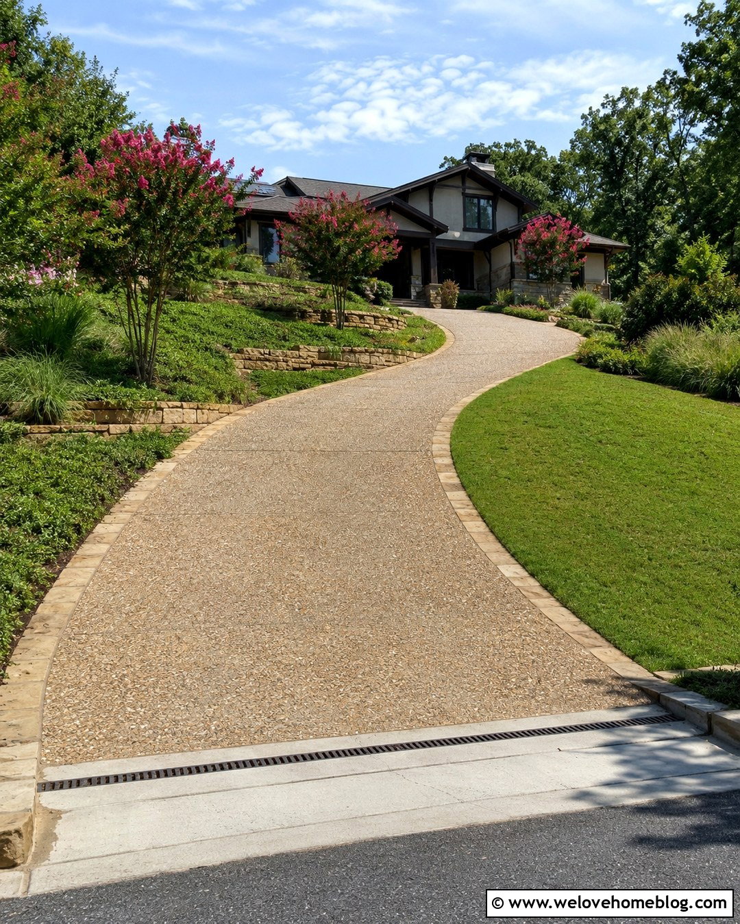 Pink Crepe Myrtle Sloped Driveway - 20 crepe myrtle lined driveway ideas