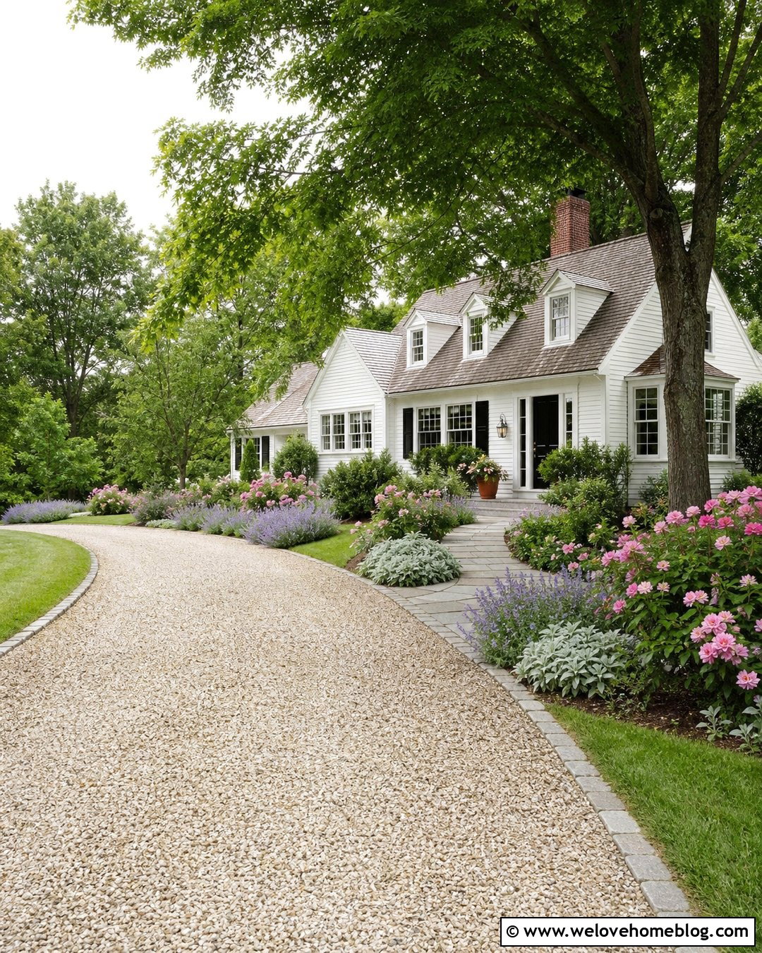 Pink Roses Along A Curved Gravel Driveway - 20 Roses Along Driveway Ideas