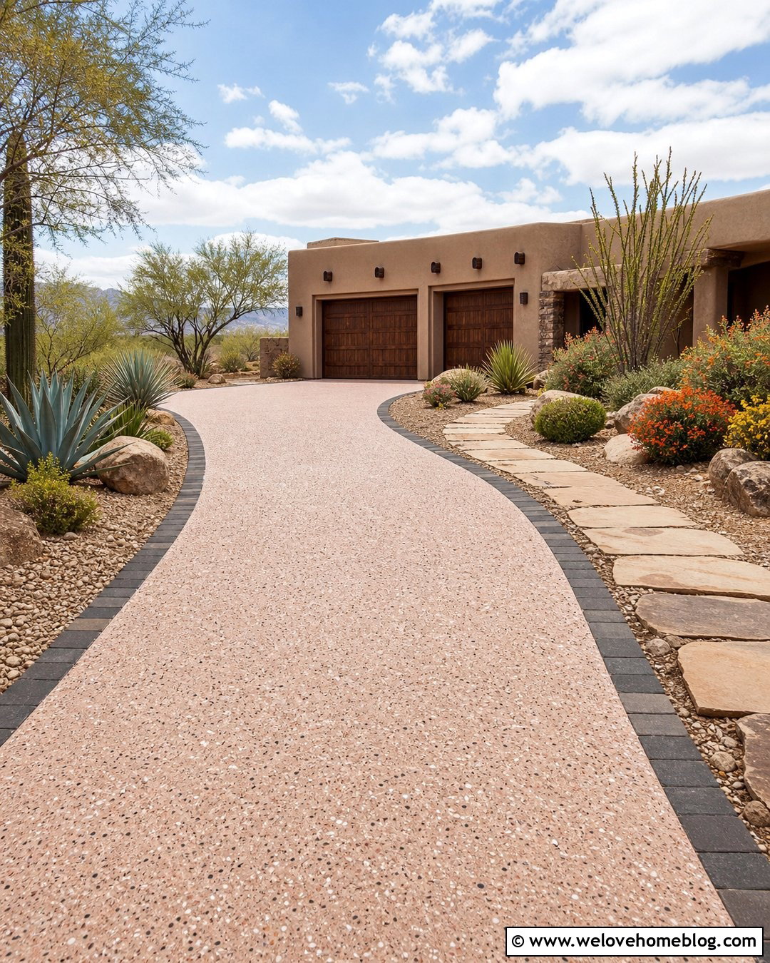 Pink Terrazzo Driveway With Desert Landscaping - 20 Terrazo Driveway Ideas