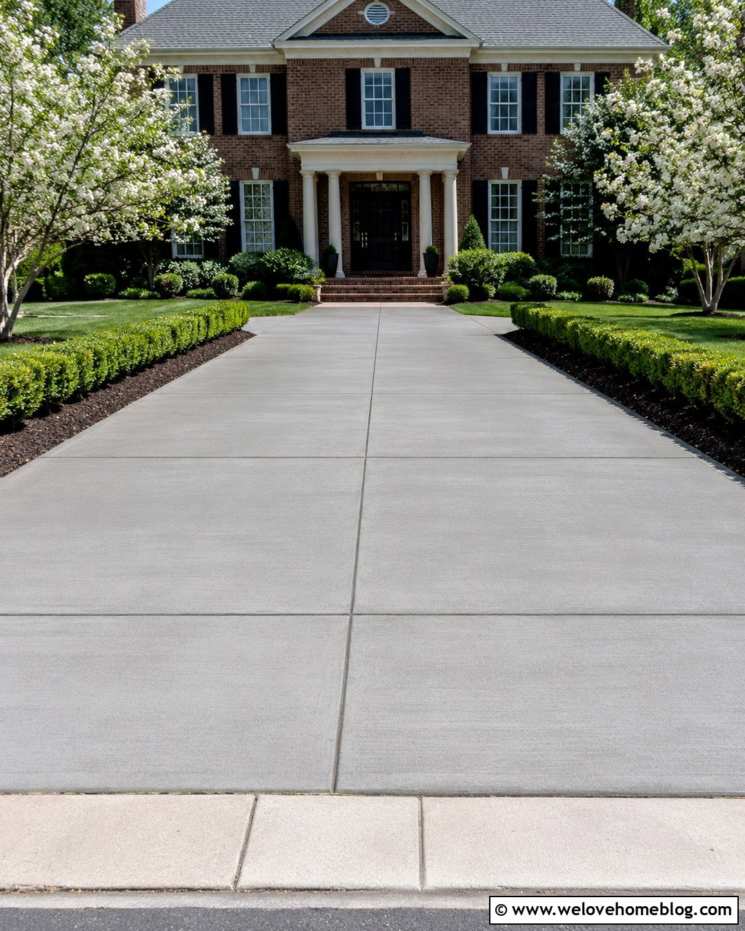 Plain Concrete Driveway With Boxwood Landscaping - 20 Plain Concrete Driveway Ideas